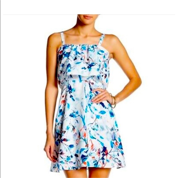Parker Blue Floral Ruffle Tie-Strap Dress | Size M - Picture 1 of 9